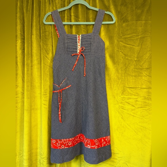 Vintage 1970s Blue & Red Handkerchief Print Lace Up Mini Dress. Size XS - Picture 5 of 8